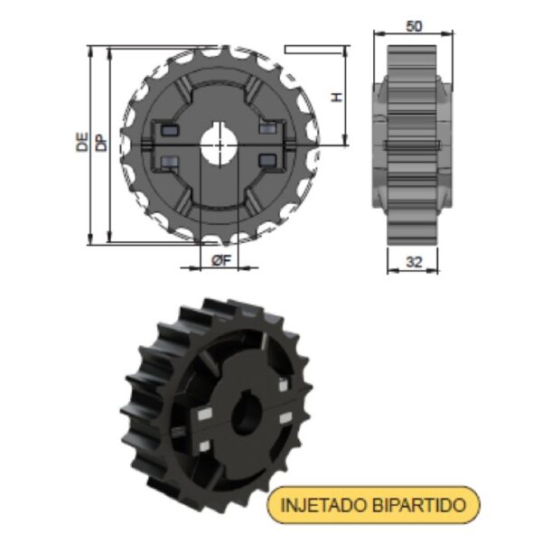 Engrenagem Série A-6000 FT Injetada / Bipartida para Esteira Modular