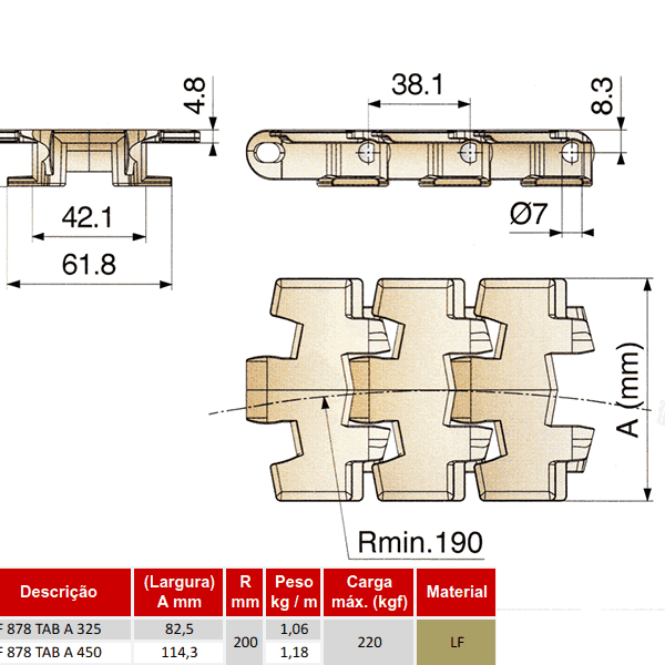 Corrente de Plataforma Plástica Curva Série 878 TAB