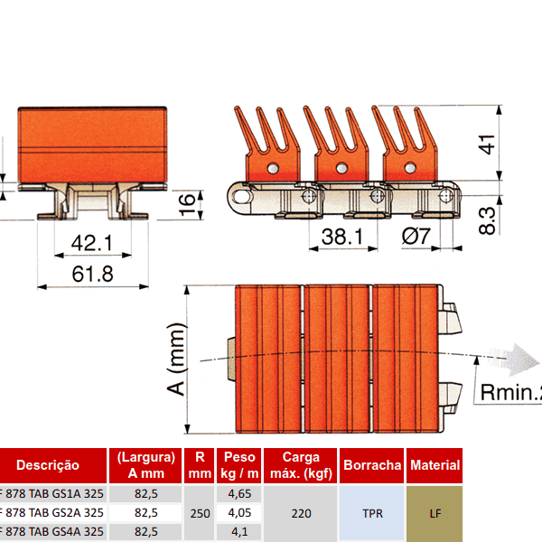 Corrente de Plataforma Plástica Curva Série 878 TAB GS1