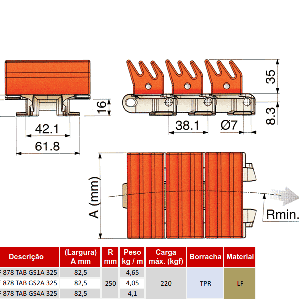 Corrente de Plataforma Plástica Curva Série 878 TAB GS2