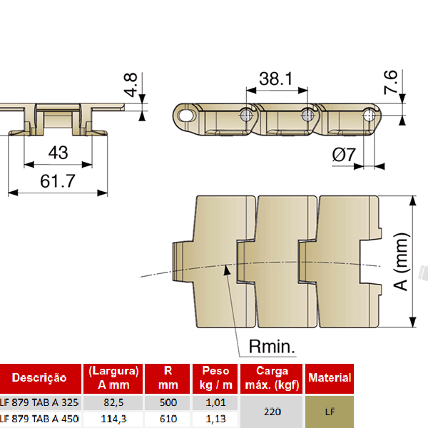 Corrente de Plataforma Plástica Curva Série 879 TAB