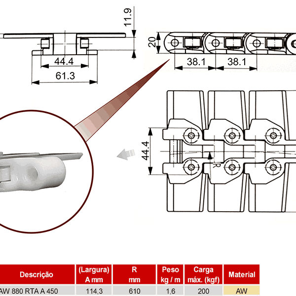 Corrente de Plataforma Plástica Curva Série 880 RTA