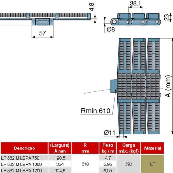 Corrente de Plataforma Plástica Curva Série 882 M LBPA